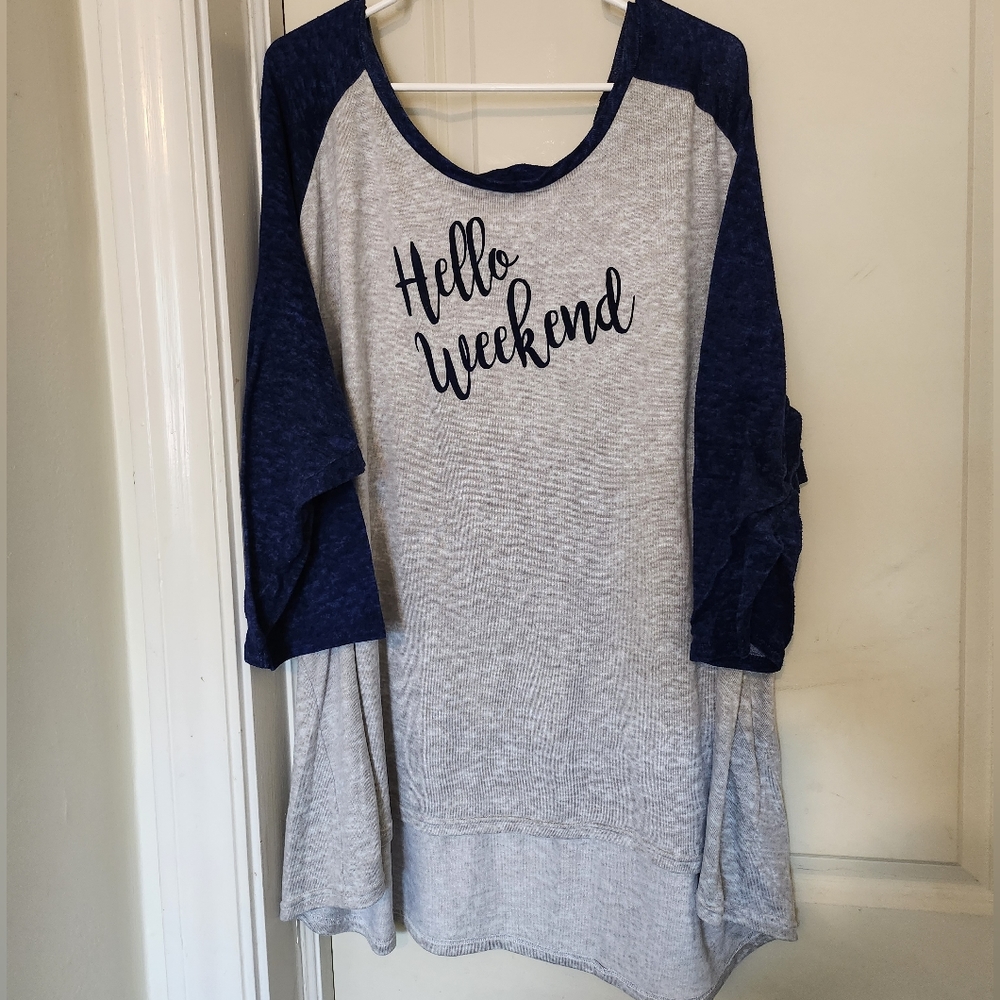 AVE Leisure Plus Size  Blue and Gray Hello Weekend Cozy Loungewear Top 30/32